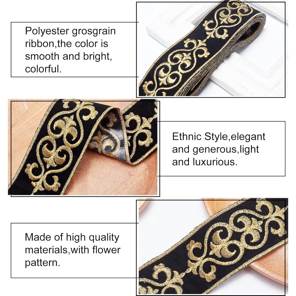 Golden Thread Embroidery Trim with Vintage Scroll Pattern, 2 Meters